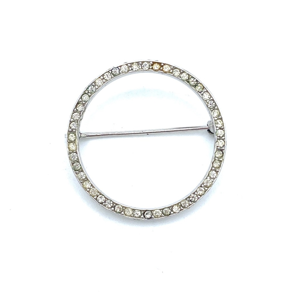 Vintage TRIFARI Stamped Round Rhinestone Brooch Pin Scarf Clip